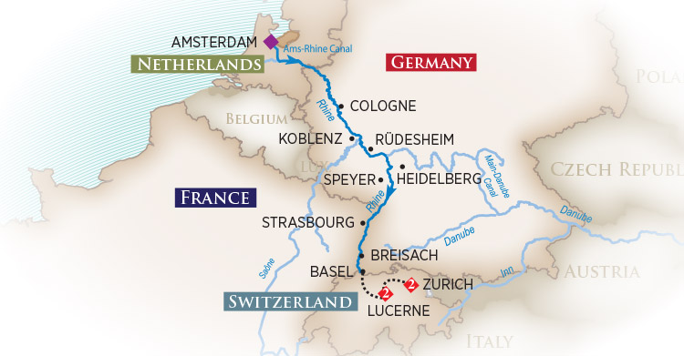 Amsterdam to Basel Itinerary Map